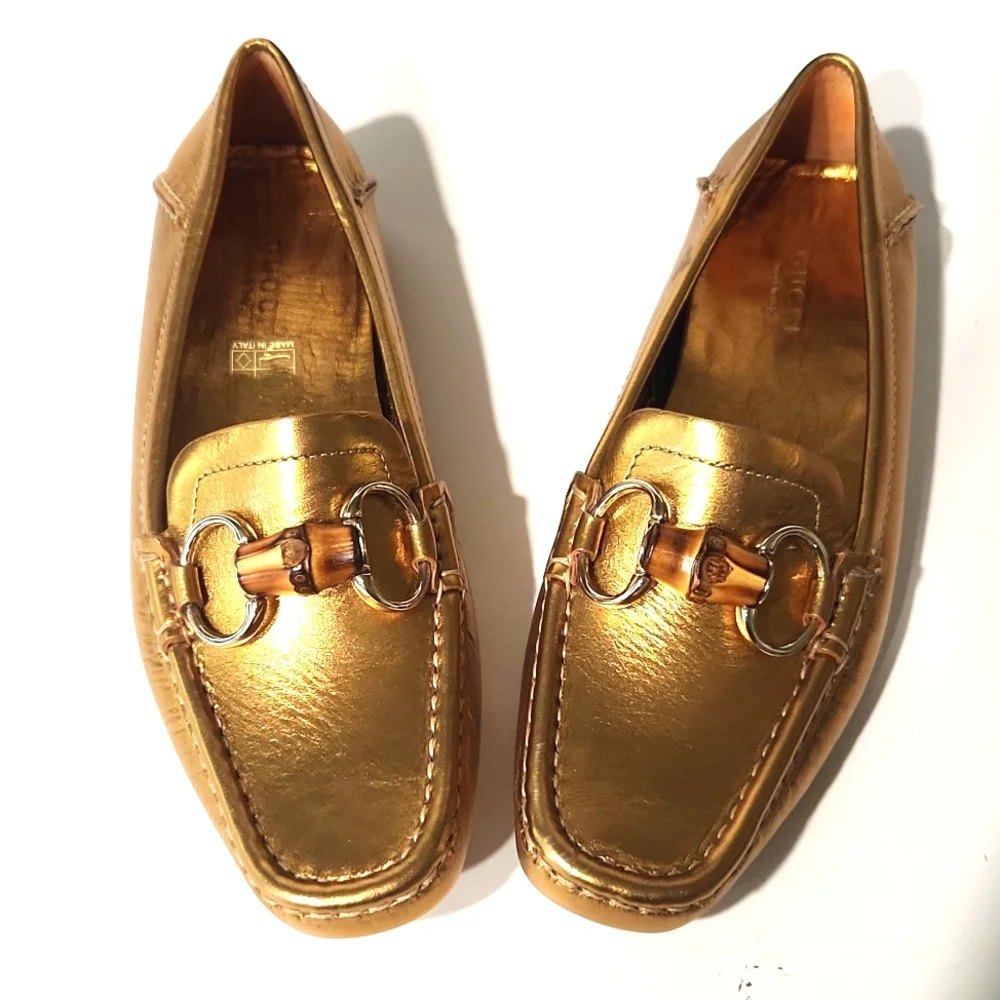 NEW!! Gucci Bamboo Horsebit Gold Leather Driving Shoes Loafers 155162  Size 5B